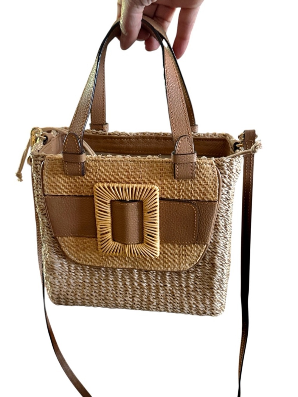 Boutique Woven Straw Satchel Bag Tan Leather Trim Crossbody Buckle Drawstring
